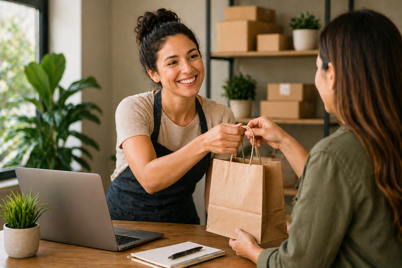 Empreendedora sorrindo entregando sacola para cliente em pequeno negócio