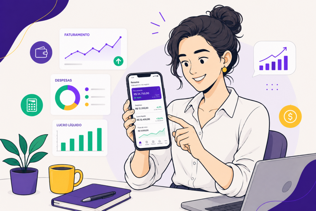 app Jarbas mostrando fluxo de caixa, despesas e lucro líquido do negócio