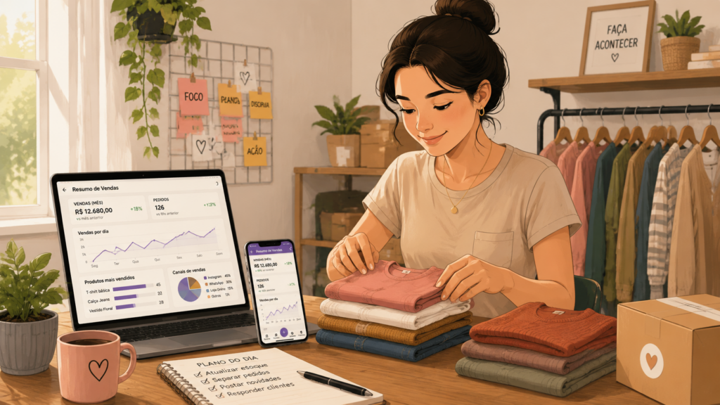 	mulher organizando peças de brechó online com dashboard de vendas no notebook